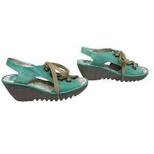 Fly London Ylva Wedge Lace-Up Leather Sandal Shoe Women's size 38 / 7.5-8